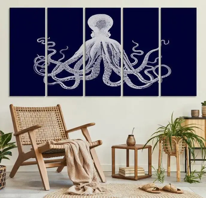 The Blue Octopus Wall Art Canvas Print, featuring a white octopus on navy blue and crafted on museum-quality canvas with satin varnish, is displayed prominently.