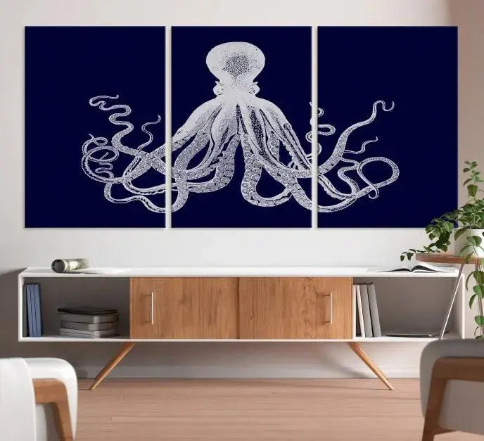 The Blue Octopus Wall Art Canvas Print, featuring a white octopus on navy blue and crafted on museum-quality canvas with satin varnish, is displayed prominently.