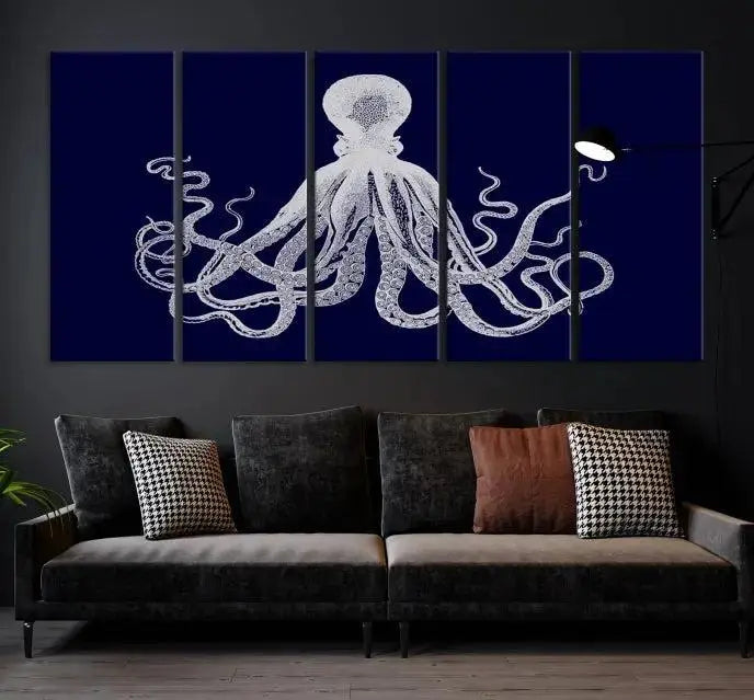 The Blue Octopus Wall Art Canvas Print, featuring a white octopus on navy blue and crafted on museum-quality canvas with satin varnish, is displayed prominently.