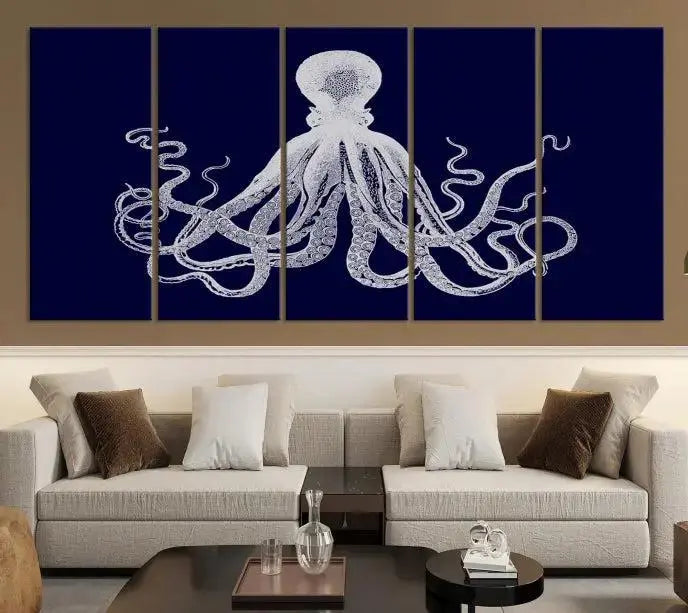 The Blue Octopus Wall Art Canvas Print, featuring a white octopus on navy blue and crafted on museum-quality canvas with satin varnish, is displayed prominently.