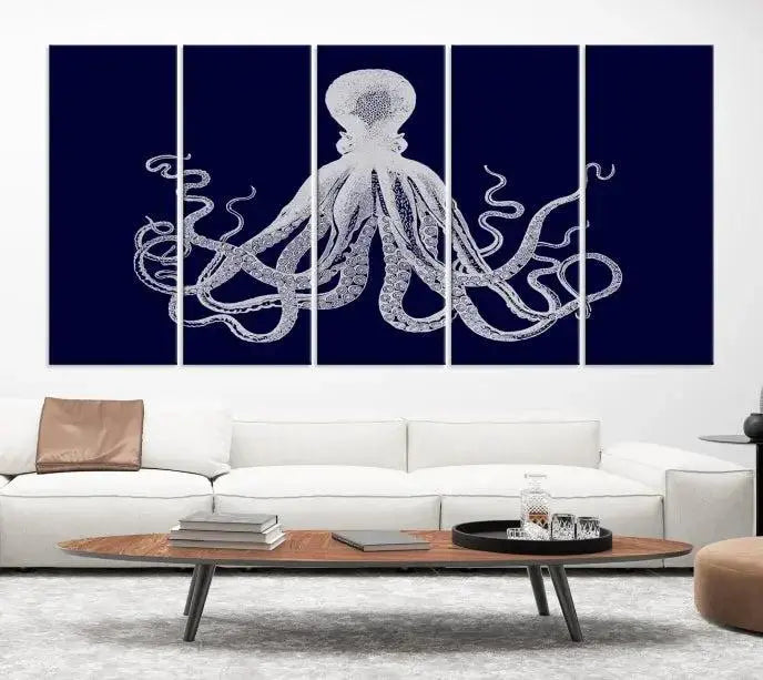 The Blue Octopus Wall Art Canvas Print, featuring a white octopus on navy blue and crafted on museum-quality canvas with satin varnish, is displayed prominently.