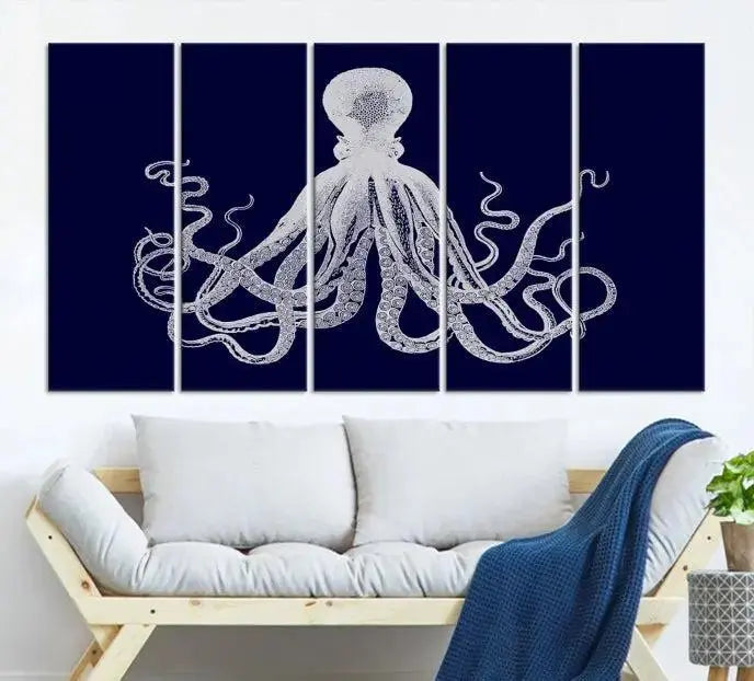 The Blue Octopus Wall Art Canvas Print, featuring a white octopus on navy blue and crafted on museum-quality canvas with satin varnish, is displayed prominently.