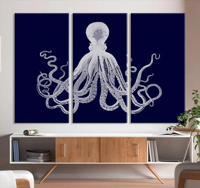 The Blue Octopus Wall Art Canvas Print, featuring a white octopus on navy blue and crafted on museum-quality canvas with satin varnish, is displayed prominently.