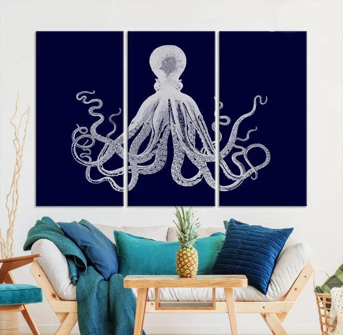 The Blue Octopus Wall Art Canvas Print, featuring a white octopus on navy blue and crafted on museum-quality canvas with satin varnish, is displayed prominently.