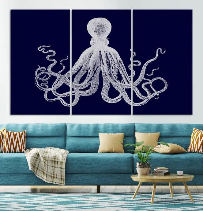 The Blue Octopus Wall Art Canvas Print, featuring a white octopus on navy blue and crafted on museum-quality canvas with satin varnish, is displayed prominently.