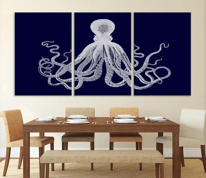 The Blue Octopus Wall Art Canvas Print, featuring a white octopus on navy blue and crafted on museum-quality canvas with satin varnish, is displayed prominently.