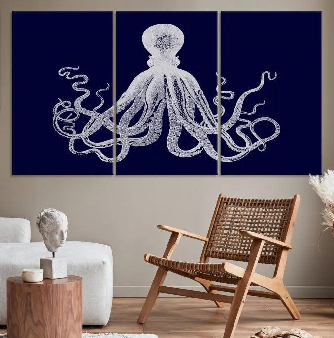 The Blue Octopus Wall Art Canvas Print, featuring a white octopus on navy blue and crafted on museum-quality canvas with satin varnish, is displayed prominently.