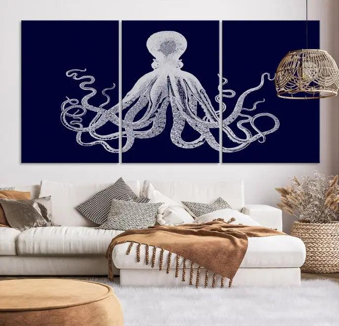 The Blue Octopus Wall Art Canvas Print, featuring a white octopus on navy blue and crafted on museum-quality canvas with satin varnish, is displayed prominently.