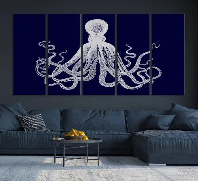 The Blue Octopus Wall Art Canvas Print, featuring a white octopus on navy blue and crafted on museum-quality canvas with satin varnish, is displayed prominently.