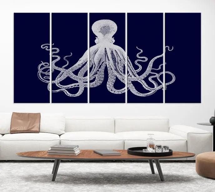 The Blue Octopus Wall Art Canvas Print, featuring a white octopus on navy blue and crafted on museum-quality canvas with satin varnish, is displayed prominently.