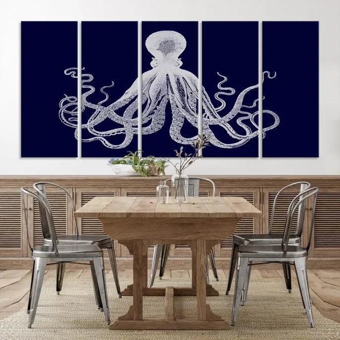 The Blue Octopus Wall Art Canvas Print, featuring a white octopus on navy blue and crafted on museum-quality canvas with satin varnish, is displayed prominently.