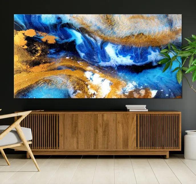 The Blue Orange Marble Fluid Effect Wall Art Abstract Canvas Wall Art Print is displayed on the wall.