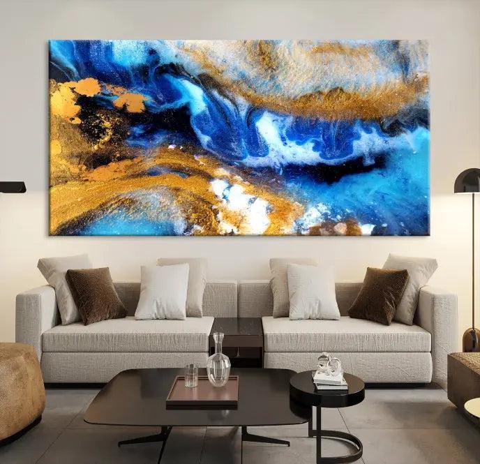 The Blue Orange Marble Fluid Effect Wall Art Abstract Canvas Wall Art Print is displayed on the wall.