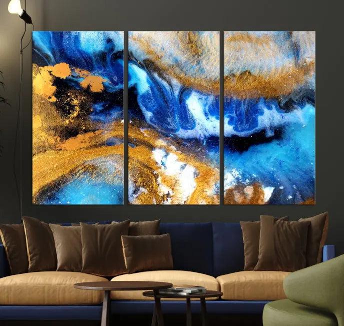 The Blue Orange Marble Fluid Effect Wall Art Abstract Canvas Wall Art Print is displayed on the wall.