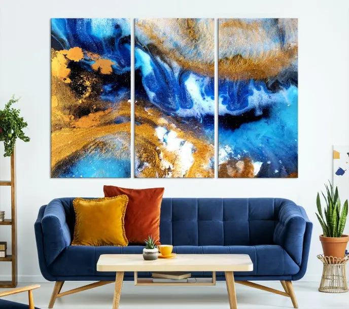 The Blue Orange Marble Fluid Effect Wall Art Abstract Canvas Wall Art Print is displayed on the wall.