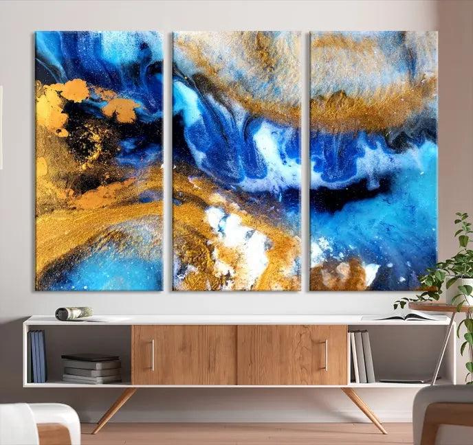 The Blue Orange Marble Fluid Effect Wall Art Abstract Canvas Wall Art Print is displayed on the wall.