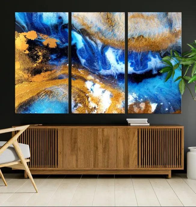 The Blue Orange Marble Fluid Effect Wall Art Abstract Canvas Wall Art Print is displayed on the wall.