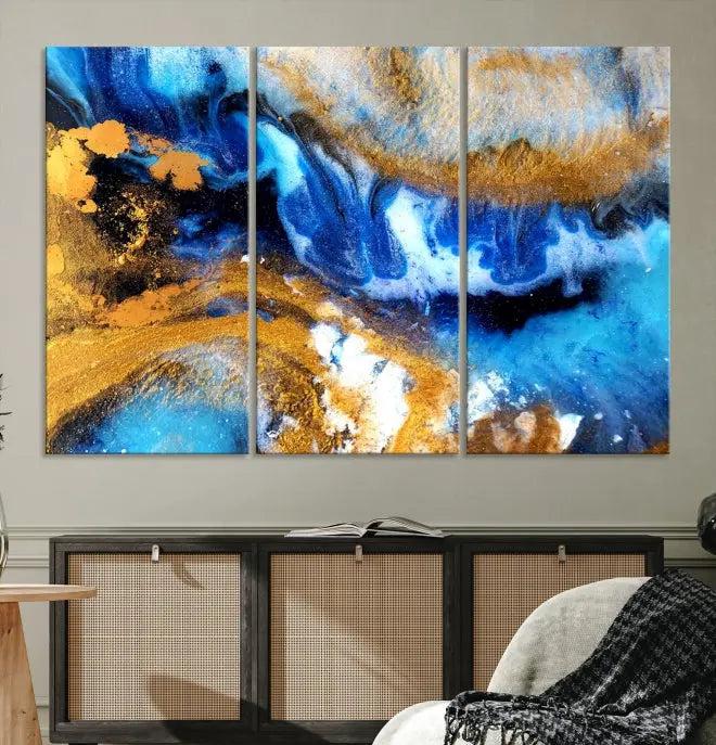 The Blue Orange Marble Fluid Effect Wall Art Abstract Canvas Wall Art Print is displayed on the wall.