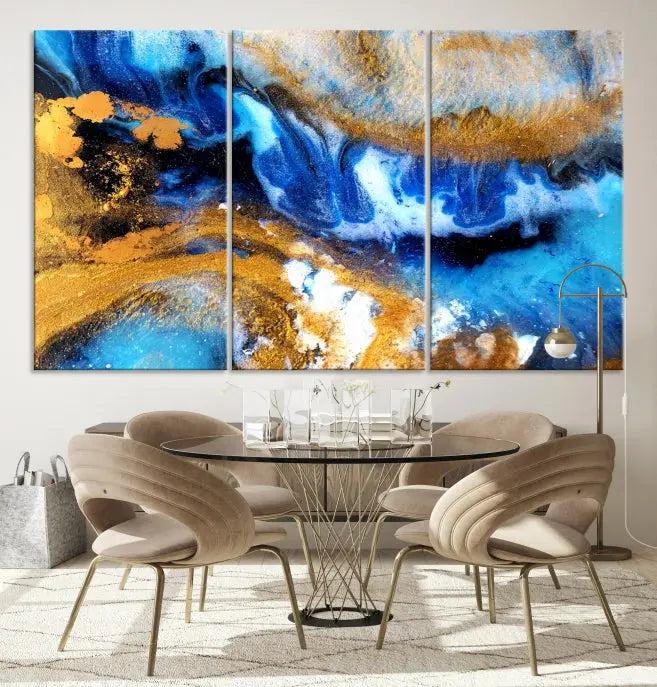 The Blue Orange Marble Fluid Effect Wall Art Abstract Canvas Wall Art Print is displayed on the wall.