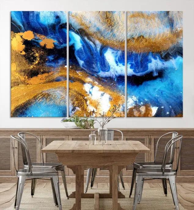 The Blue Orange Marble Fluid Effect Wall Art Abstract Canvas Wall Art Print is displayed on the wall.