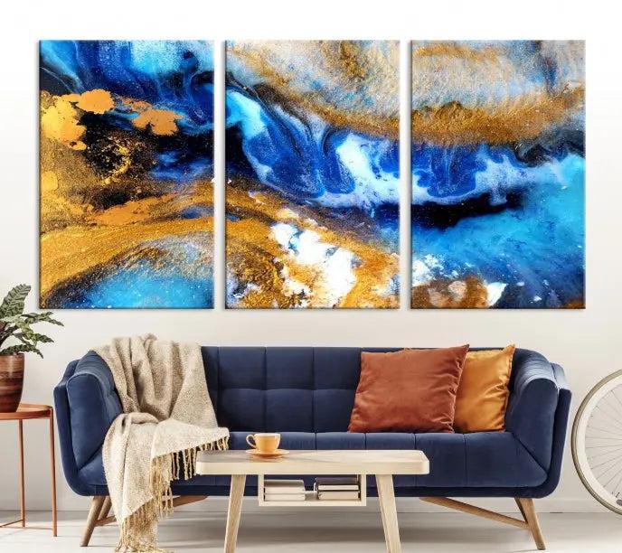 The Blue Orange Marble Fluid Effect Wall Art Abstract Canvas Wall Art Print is displayed on the wall.