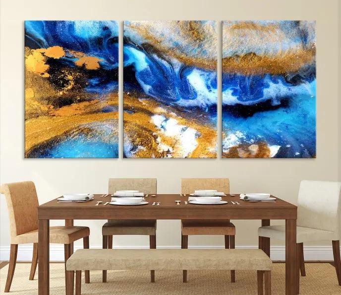 The Blue Orange Marble Fluid Effect Wall Art Abstract Canvas Wall Art Print is displayed on the wall.