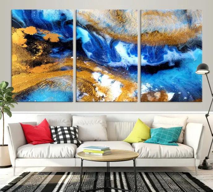 The Blue Orange Marble Fluid Effect Wall Art Abstract Canvas Wall Art Print is displayed on the wall.