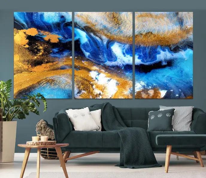 The Blue Orange Marble Fluid Effect Wall Art Abstract Canvas Wall Art Print is displayed on the wall.