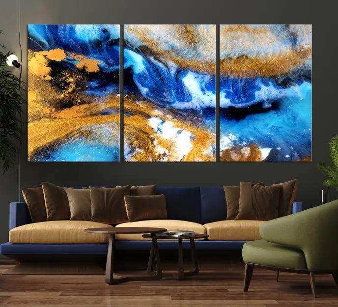 The Blue Orange Marble Fluid Effect Wall Art Abstract Canvas Wall Art Print is displayed on the wall.