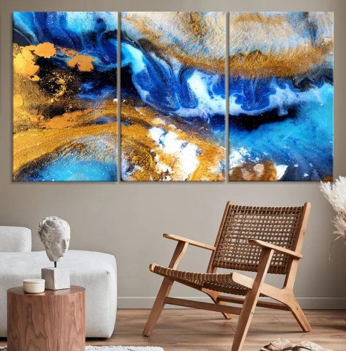 The Blue Orange Marble Fluid Effect Wall Art Abstract Canvas Wall Art Print is displayed on the wall.