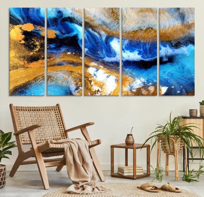 The Blue Orange Marble Fluid Effect Wall Art Abstract Canvas Wall Art Print is displayed on the wall.