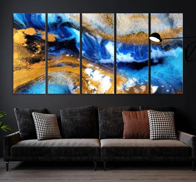 The Blue Orange Marble Fluid Effect Wall Art Abstract Canvas Wall Art Print is displayed on the wall.