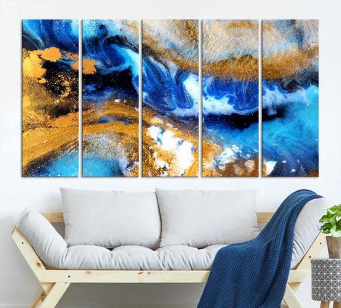 The Blue Orange Marble Fluid Effect Wall Art Abstract Canvas Wall Art Print is displayed on the wall.