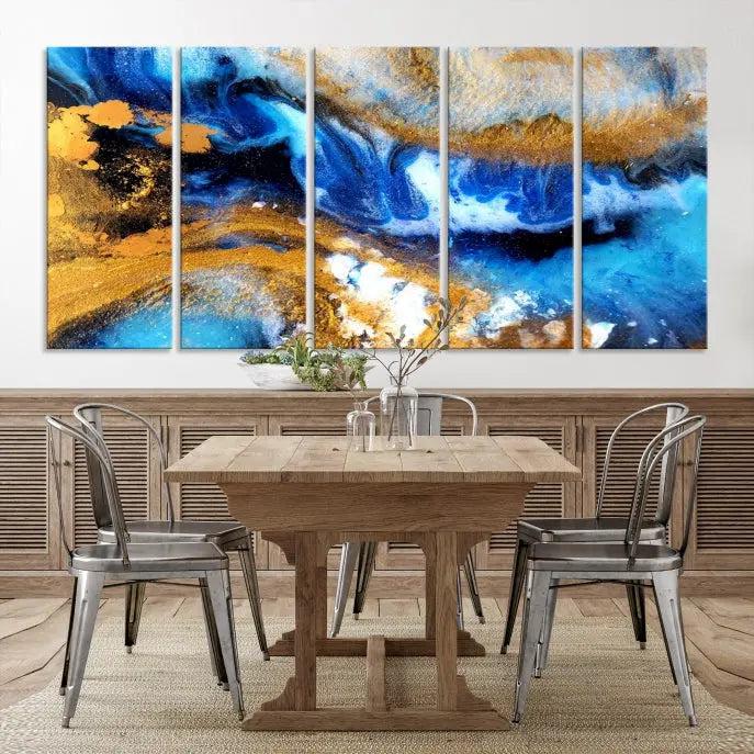 The Blue Orange Marble Fluid Effect Wall Art Abstract Canvas Wall Art Print is displayed on the wall.