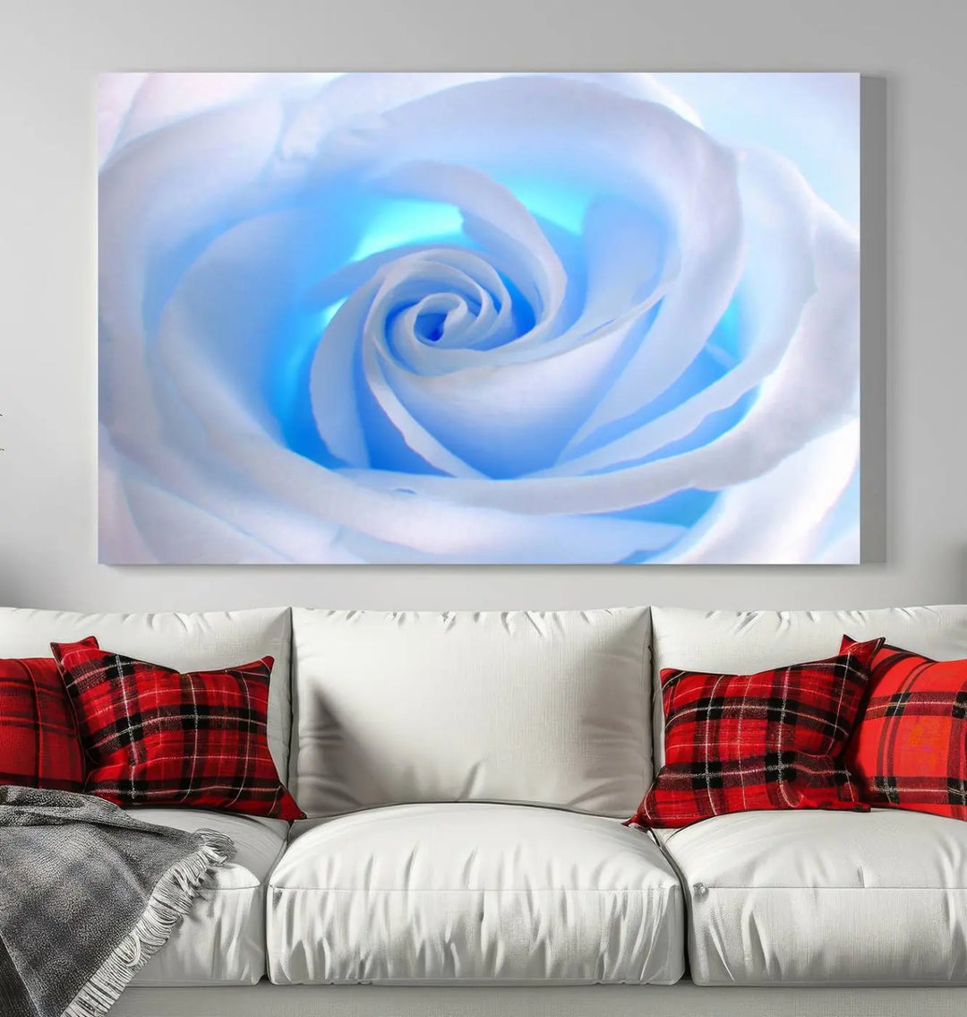 The Blue Rose Wall Art Canvas Print, a museum-quality piece ready to hang, adds charm to the room.