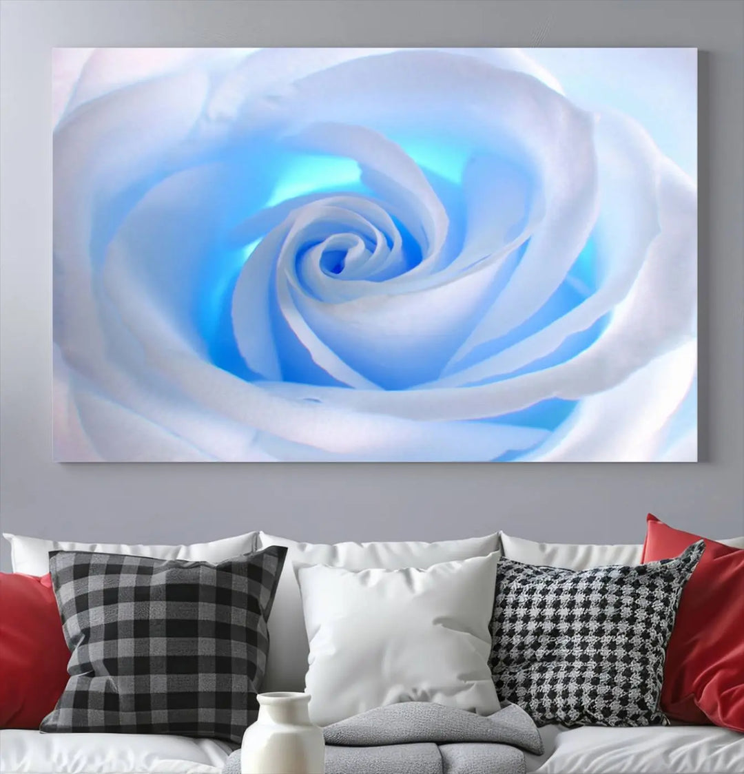 The Blue Rose Wall Art Canvas Print, a museum-quality piece ready to hang, adds charm to the room.