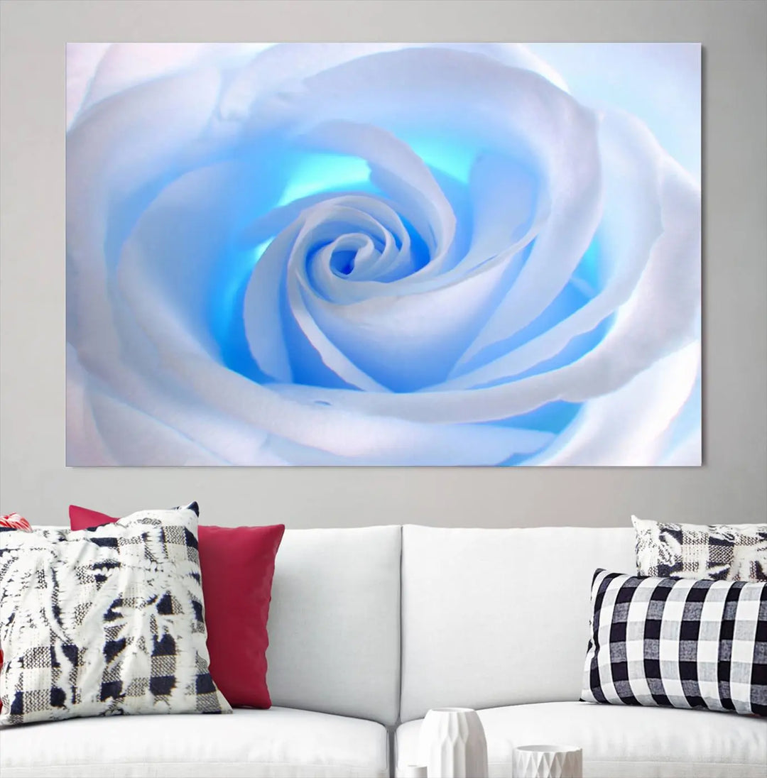 The Blue Rose Wall Art Canvas Print, a museum-quality piece ready to hang, adds charm to the room.