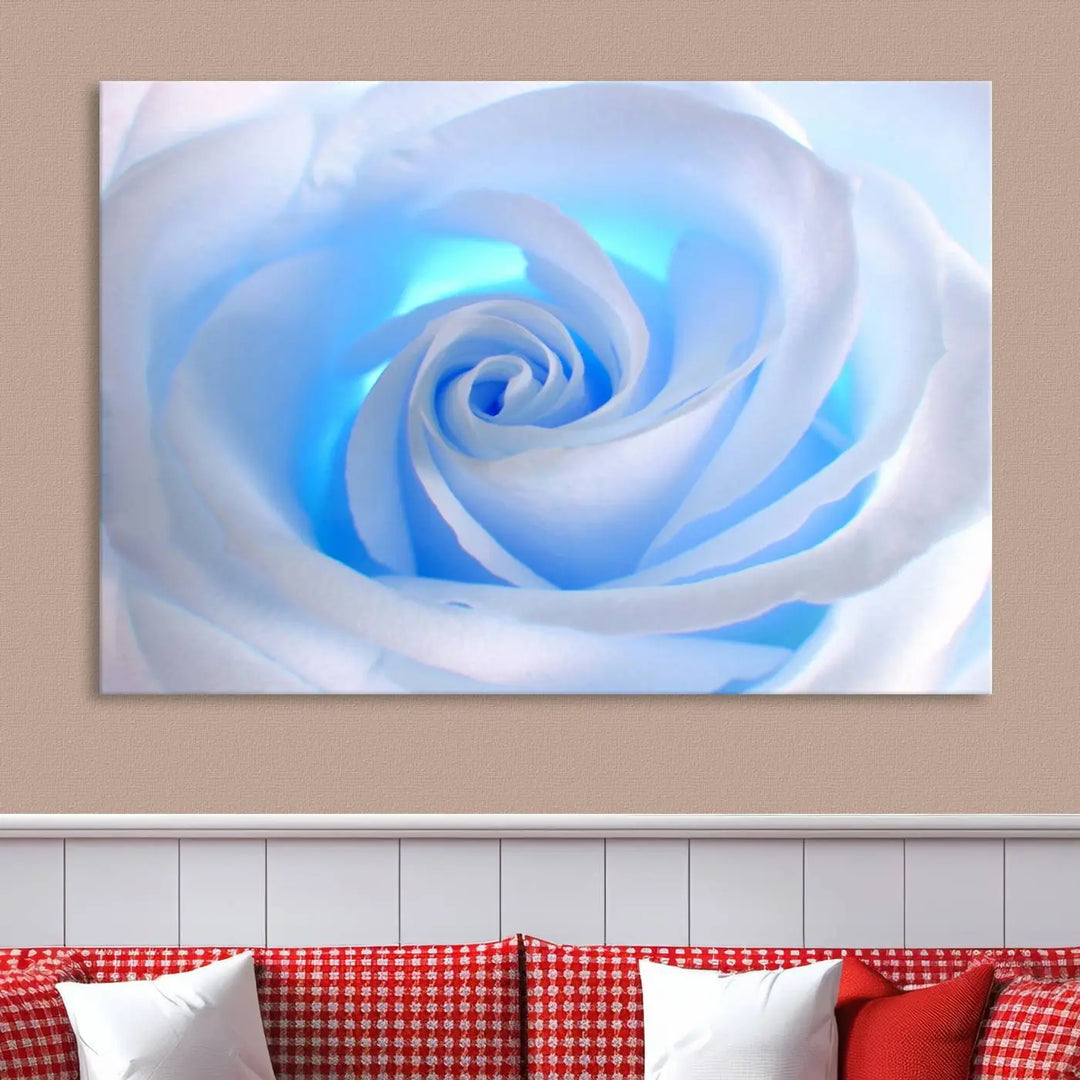 The Blue Rose Wall Art Canvas Print, a museum-quality piece ready to hang, adds charm to the room.