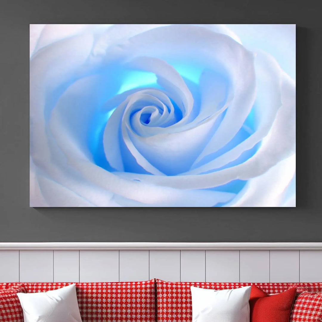 The Blue Rose Wall Art Canvas Print, a museum-quality piece ready to hang, adds charm to the room.