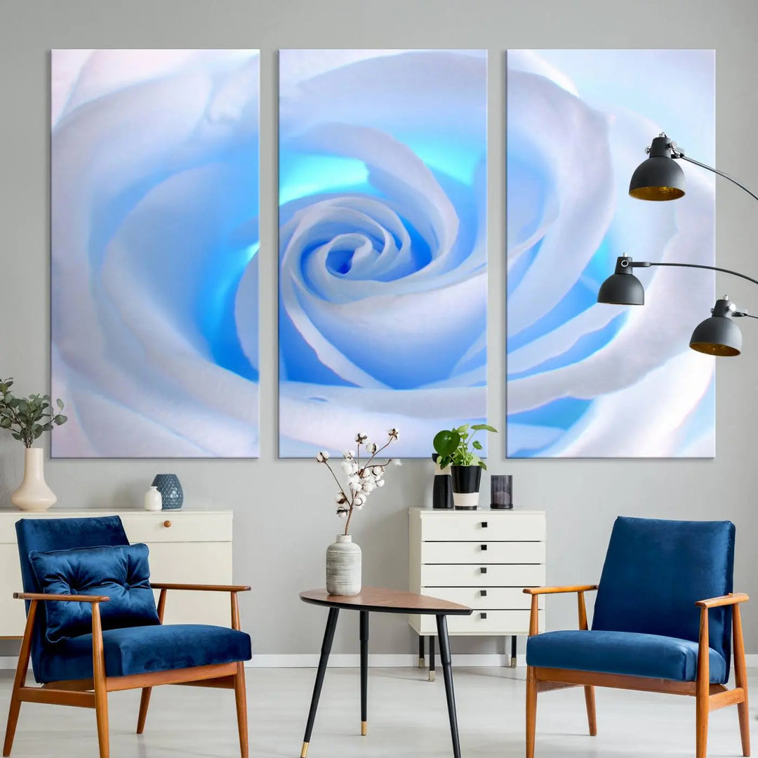 The Blue Rose Wall Art Canvas Print, a museum-quality piece ready to hang, adds charm to the room.