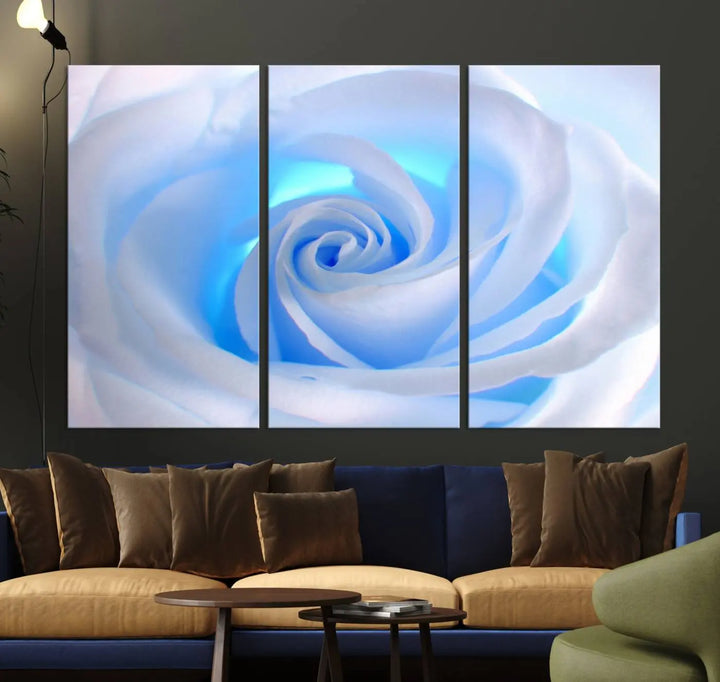 The Blue Rose Wall Art Canvas Print, a museum-quality piece ready to hang, adds charm to the room.