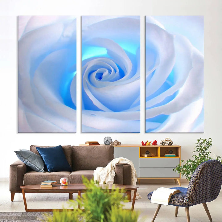 The Blue Rose Wall Art Canvas Print, a museum-quality piece ready to hang, adds charm to the room.