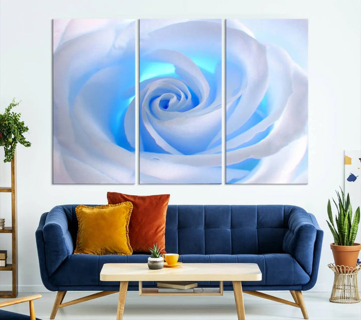 The Blue Rose Wall Art Canvas Print, a museum-quality piece ready to hang, adds charm to the room.