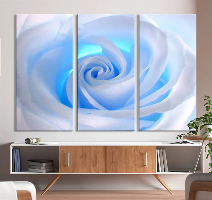 The Blue Rose Wall Art Canvas Print, a museum-quality piece ready to hang, adds charm to the room.