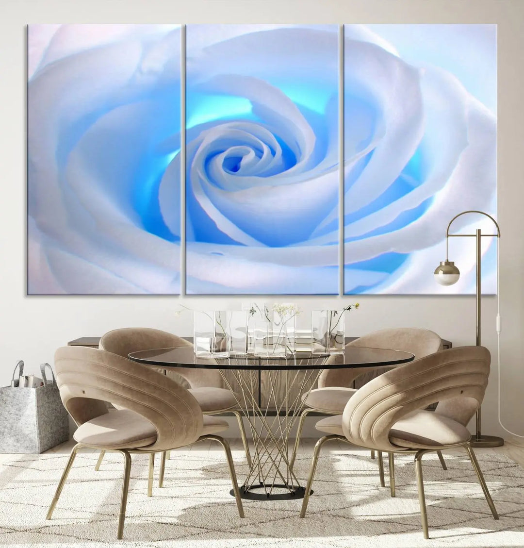 The Blue Rose Wall Art Canvas Print, a museum-quality piece ready to hang, adds charm to the room.