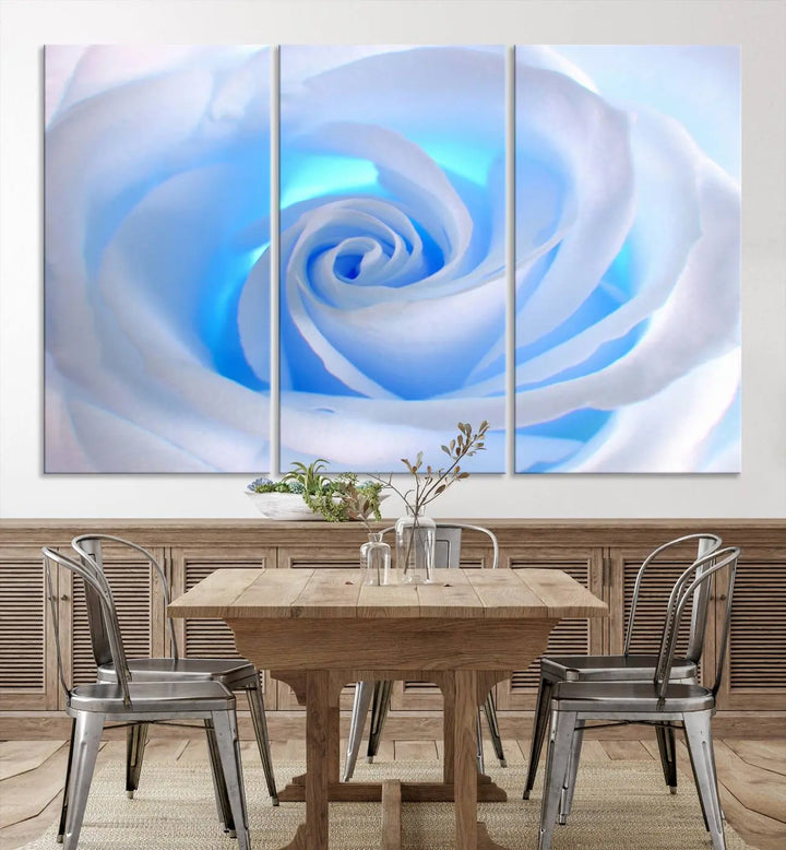 The Blue Rose Wall Art Canvas Print, a museum-quality piece ready to hang, adds charm to the room.