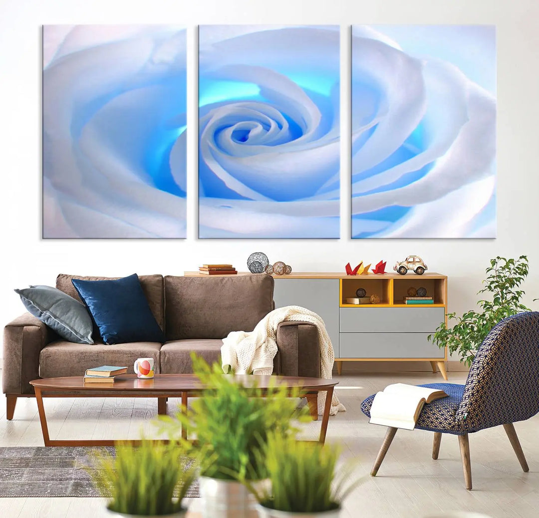 The Blue Rose Wall Art Canvas Print, a museum-quality piece ready to hang, adds charm to the room.