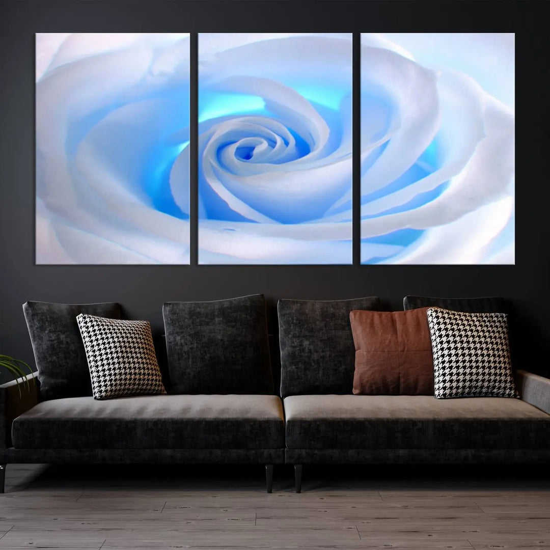 The Blue Rose Wall Art Canvas Print, a museum-quality piece ready to hang, adds charm to the room.