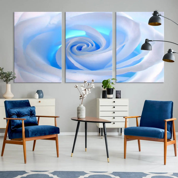 The Blue Rose Wall Art Canvas Print, a museum-quality piece ready to hang, adds charm to the room.