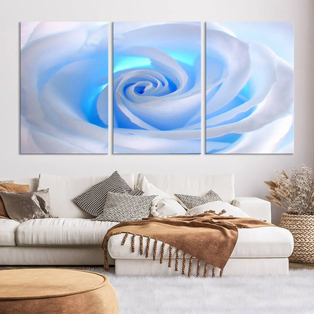 The Blue Rose Wall Art Canvas Print, a museum-quality piece ready to hang, adds charm to the room.